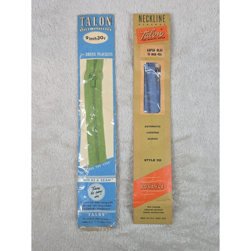 Vintage 1959 Talon Separating Zipper Green 9" Style 142 Blue 12" 110 Sewing